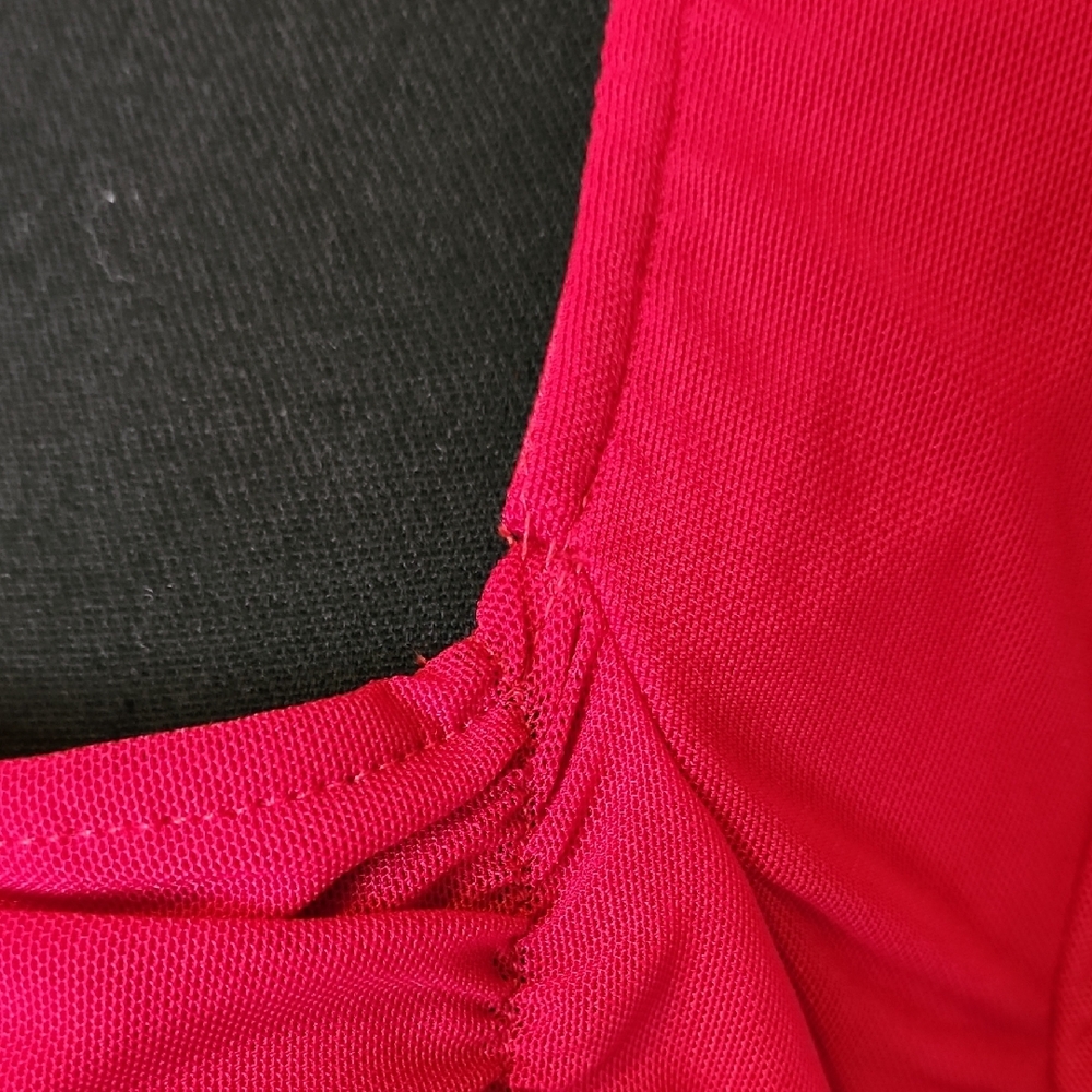 Classic Plus Square Neck Ruched Red Mesh Dress - Picture 11 of 12